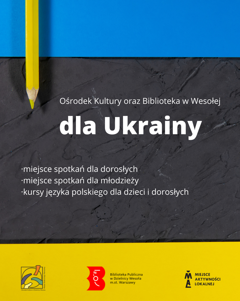 Niebiesko-czarno-żółte tło i żółtą kredką z informacjami o pomocy dla Ukrainy
